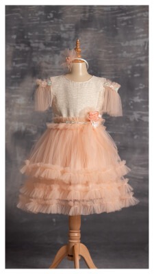 Wholesale Girls Party Wear Dress with Tulle 6-12Y Tivido 1042-2326 Лососевый цвет