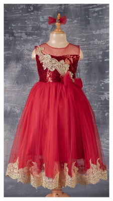 Wholesale Girls Partywear Dress with Lacy 6-12Y Tivido 1042-2343 Red