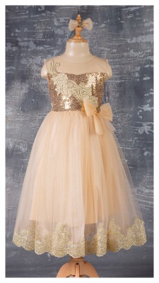 Wholesale Girls Partywear Dress with Lacy 6-12Y Tivido 1042-2343 Beige