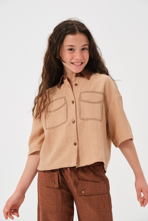 Wholesale Girls Pocket Pattern Detailed Short Sleeve Shirt 8-15Y Jazziee 2051-241Z4ALN81 - 2