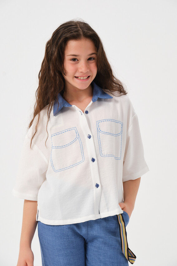 Wholesale Girls Pocket Pattern Detailed Short Sleeve Shirt 8-15Y Jazziee 2051-241Z4ALN81 - 3