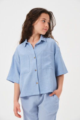 Wholesale Girls Short Sleeve Shirt with Pockets 8-15Y Jazziee 2051-241Z4ALM81 Blue