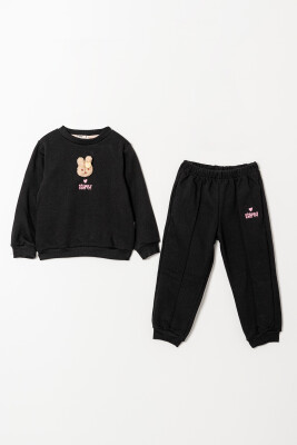 Wholesale Girl's Teddy Bear Detailed Tracksuit Set 2-5Y Tuffy 1099-01096 Black