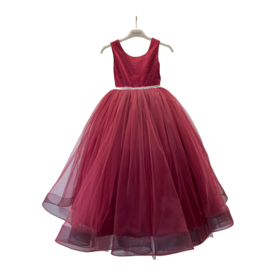 Wholesale Girls Tulle Dress 6-10Y Bertula Kids 2003-4804 Claret Red