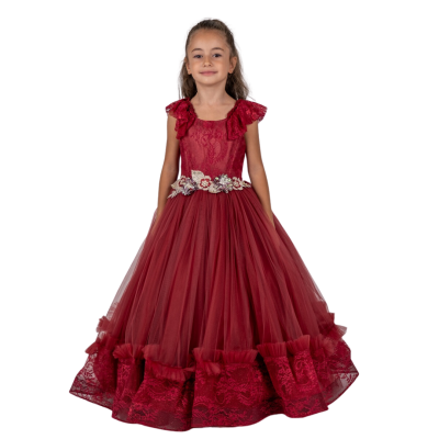 Wholesale Girls Tulle Dress 6-10Y Bertula Kids 2003-4838 Claret Red