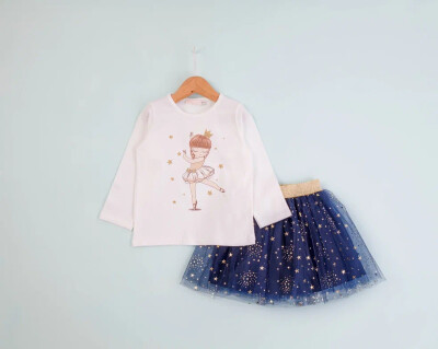 Wholesale Printed Girls' Body and Tulle Skirt Set 1-4Y BabyRose 1002-4585 Navy 