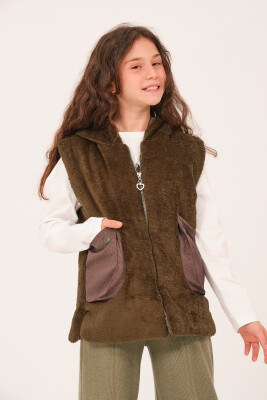 Wholesale Teenage Girl Children's Pocket Detailed Hooded Plush Vest 9-14Y Jazziee 2051-252J4MTK23 - Jazziee