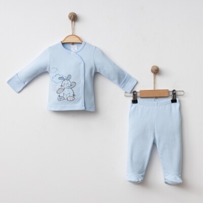 Wholesale Unisex Baby 2-Piece Bodysuit and Pants Newborn Set 0-3M Gümüş Baby 0038 Mavi
