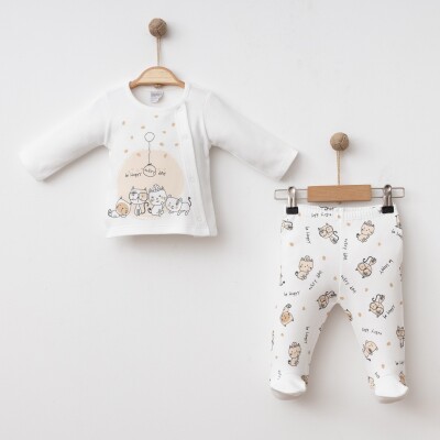 Wholesale Unisex Baby 2-Piece Bodysuit and Pants Newborn Set 0-3M Gümüş Baby 2043-0028 Экрю
