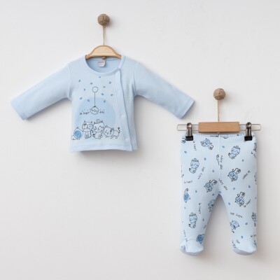 Wholesale Unisex Baby 2-Piece Bodysuit and Pants Newborn Set 0-3M Gümüş Baby 2043-0028 Mavi