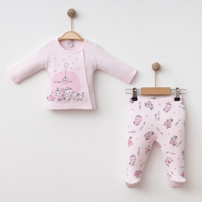 Wholesale Unisex Baby 2-Piece Bodysuit and Pants Newborn Set 0-3M Gümüş Baby 2043-0028 Pembe