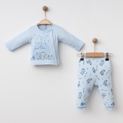Wholesale Unisex Baby 2-Piece Bodysuit and Pants Newborn Set 0-3M Gümüş Baby 2043-0029 Mavi