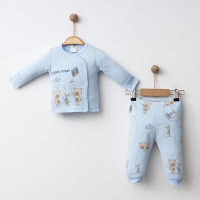 Wholesale Unisex Baby 2-Piece Bodysuit and Pants Newborn Set 0-3M Gümüş Baby 2043-0030 Mavi