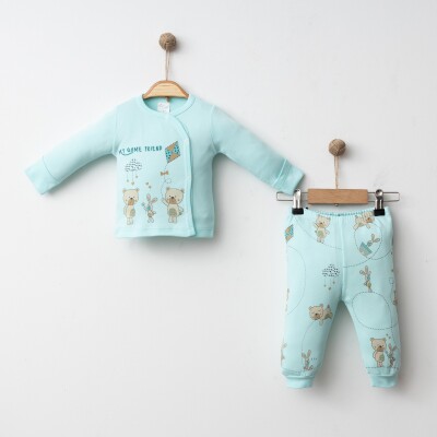 Wholesale Unisex Baby 2-Piece Bodysuit and Pants Newborn Set 0-3M Gümüş Baby 2043-0030 Yeşil