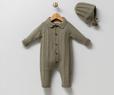 Wholesale Unisex Baby 2-Piece Knitwear Rompers and Hat Set 0-6M Milarda 2001-2065 Khaki