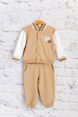 Wholesale Unisex Baby Embroidery Detailed Tracksuit Set 6-48M Mininio 2062-252M1KPB72 Beige