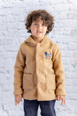 Wholesale Unisex Kids Dog Embroidered Plush Coat 5-8Y Mininio 2062-252M3KOP25 Beige