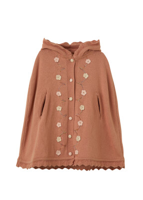 Wholsale Baby Girl Organic Cotton Floral Detailed Poncho 6-36M Uludağ Triko 1061-21167 Dusty Rose